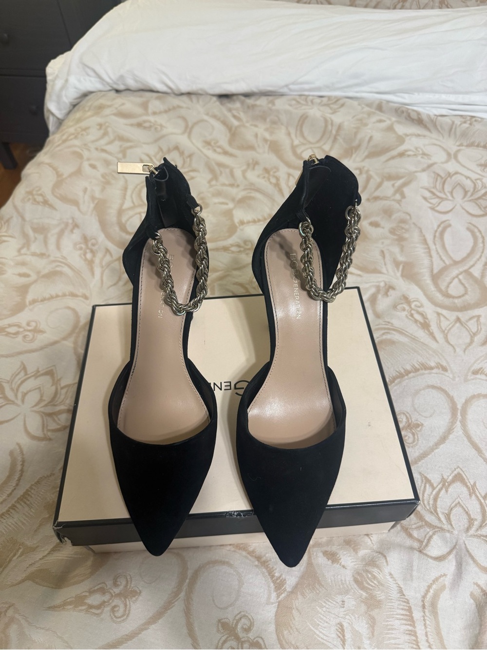 BCBGeneration Black Pointed-Toe Chain Ankle Strap Heels